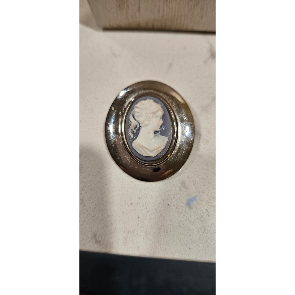 Vintage Style Blue White Cameo Brooch Gold Tone Oval‎ Portrait Pin Women Jewelry